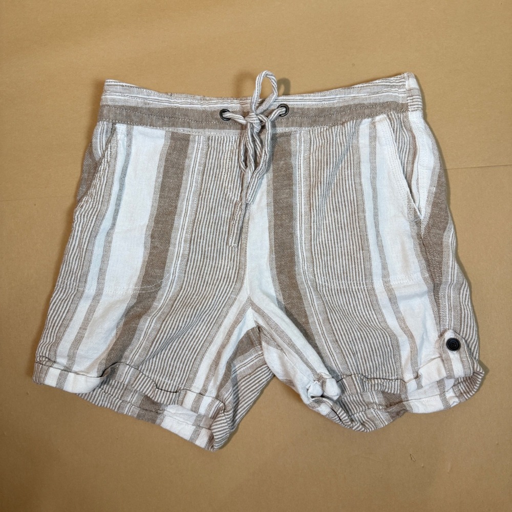 Per Se Striped Shorts Linen Blend Drawstring Casual Summer Beige Size‎ S